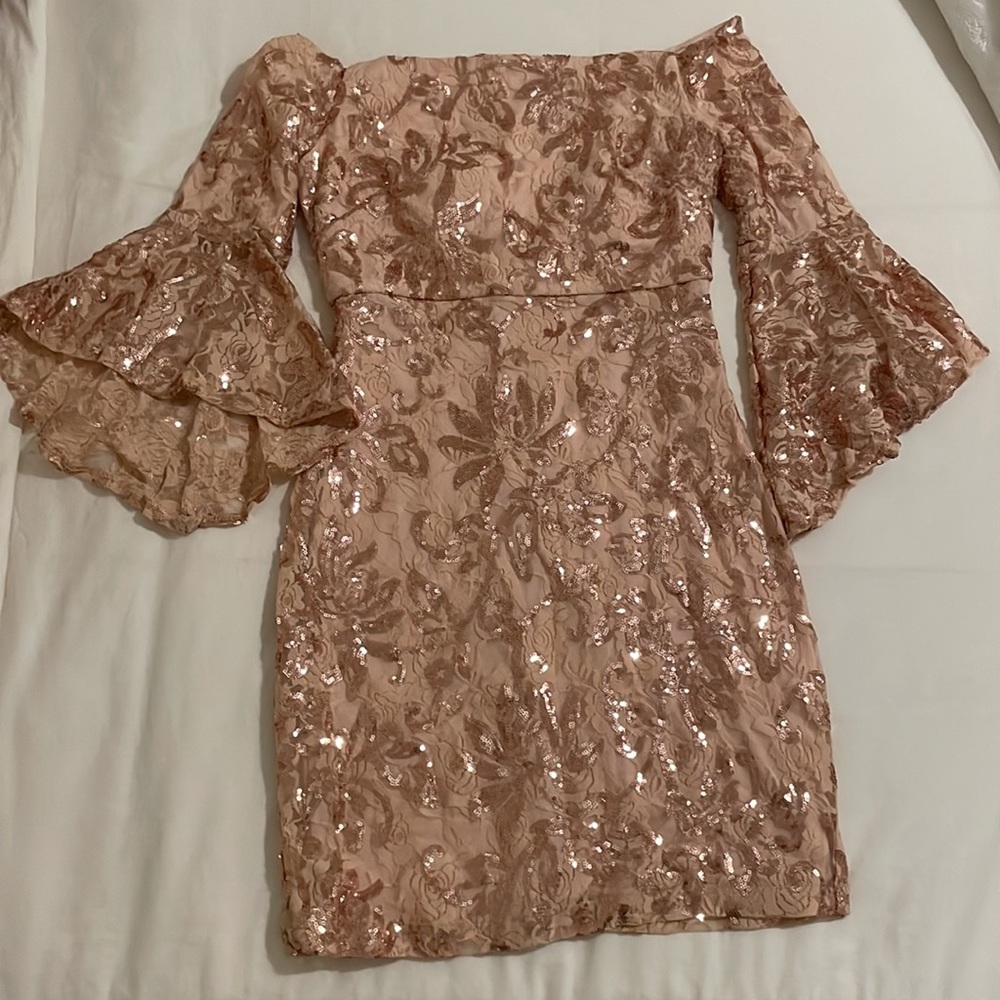 Pretty Off the Shoulders Blush Pink Sequins Dress